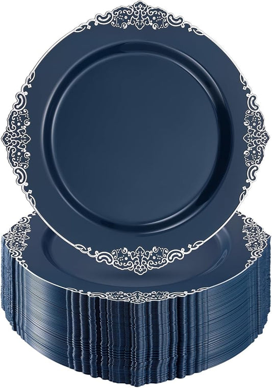 Goodluck 100PCS Navy Blue Plastic Plates with vintage silver trim – 10.25” Heavy Duty Disposable Dinner Plates & Party Plates for Weddings, Parties, Events – Elegant, Sturdy