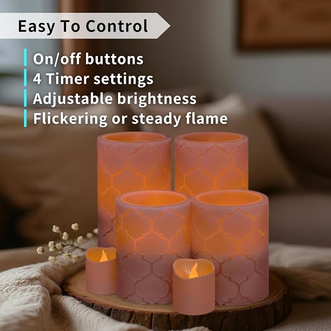 FURORA LIGHTING Dusty Rose Flameless Candles - Real Wax, Adjustable Brightness, Remote & Timer - 4 Pillars (3x4, 3x6) and 4 Votives, 8-Pack, Battery Operated