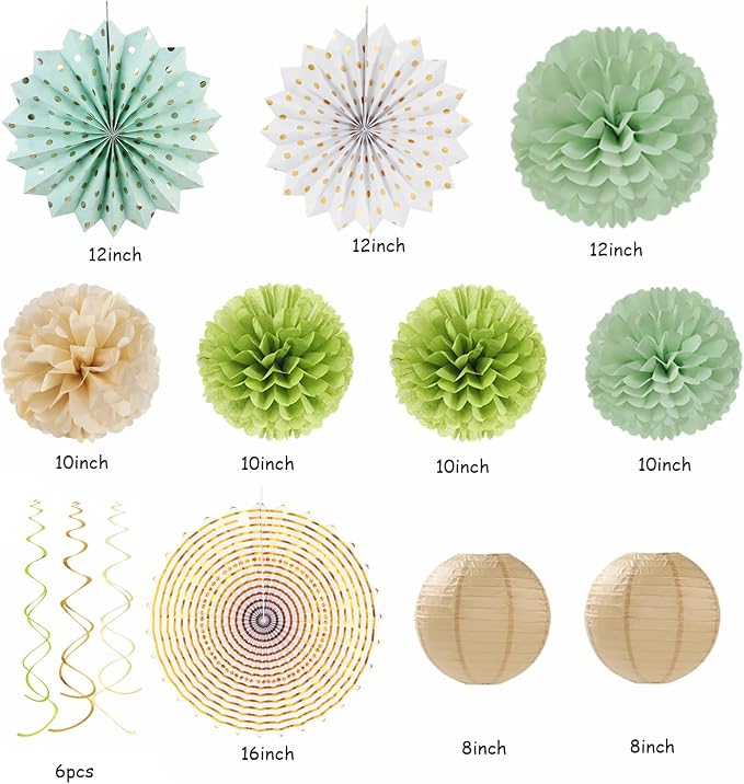 Sage-Olive Green Gold Brown Boho Party-Decorations - 33pcs Paper Lanterns Fan, Banner,Streamers Tassel Garland,Tissue Pom Poms,Baby Bridal Shower Birthday Wedding Bachelorette Engagement Decor Hugtmr