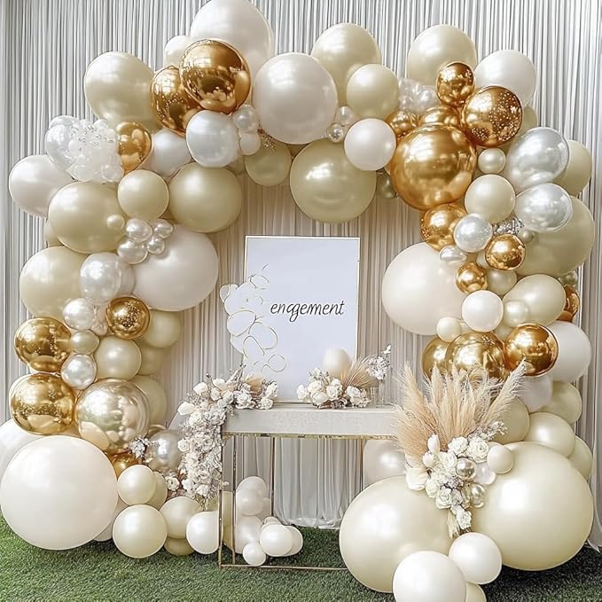 Beige Gold Balloons Double Stuffed Sand White Balloon Garland Pearl White Cream Metallic Gold Balloon Arch Kit for Birthday Wedding Bridal Anniversary Boho Baby Shower Party Decorations