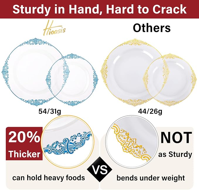 Hioasis 175pcs Clear and Blue Plates - Blue Party Plates for 25 Guest, Include 50 Heavy-duty Plates(20% Thicker Than Standard), 25 Pre Rolled Gold Plastic Silverware Set, 25 Cups for 4th ofJuly