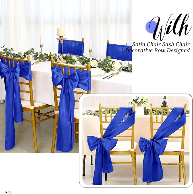 Pesonlook 60 PCS Royal Blue Satin Chair Sashes Bows Satin Chair Sashes Universal Chair Cover for Wedding Reception Restaurant Event Decoration Banquet,Party,Hotel Event Decorations (7 x 108 inch)