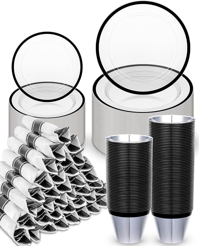 BESTVIP 350Pcs Clear Black Plastic Plates for Party, Disposable Dinnerware Set for 50 Guests, 100 Plastic Plates, 50 Cups, 50 Pre-Rolled Napkins with Cutlery for Graduation Party, Wedding, Halloween