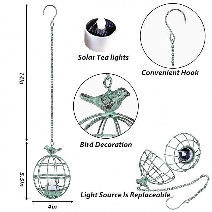 Outdoor Solar Hanging Lantern Lights, 4 Pack Rustic Ball Birdcage Hanging Candle Holder with Solar Tea Lights, Waterproof Chandelier for Tree, Pergola, Patio Decor (Vintage Green)