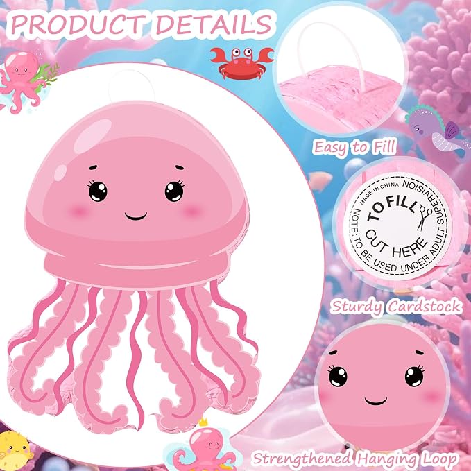 Blosssound Jellyfish Piñata Under the Sea Party Decorations Supplies Cute Pink Piñata Set with Stick Blindfold for Ocean Mermaid Theme Birthday Baby Shower Wedding Celebration Decorations(Jellyfish)