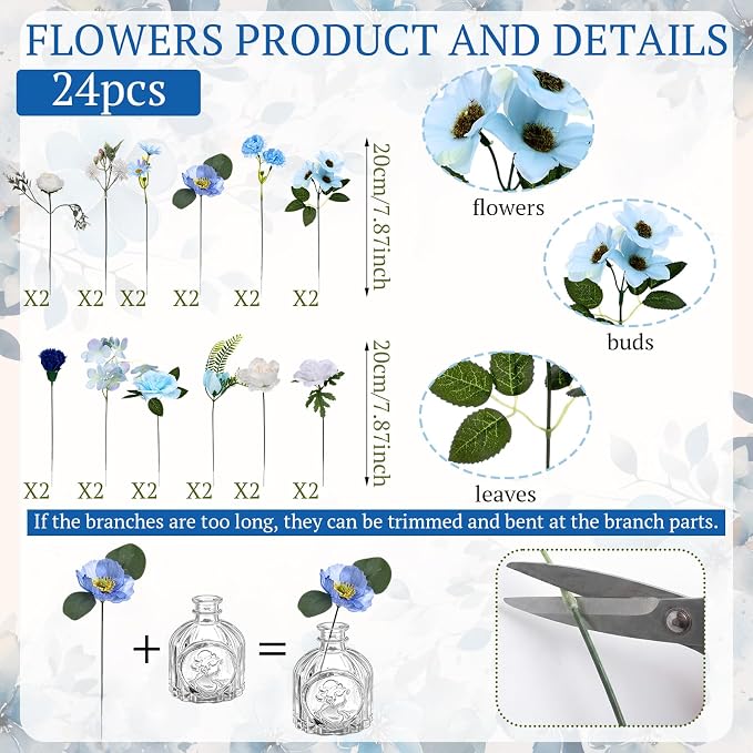 36 Pcs Artificial Flowers Table Centerpiece with Vases Colorful Wildflower Centerpieces Silk Flower Arrangement for Wedding Baby Shower Table Centerpieces Party(Blue Series,Clear)