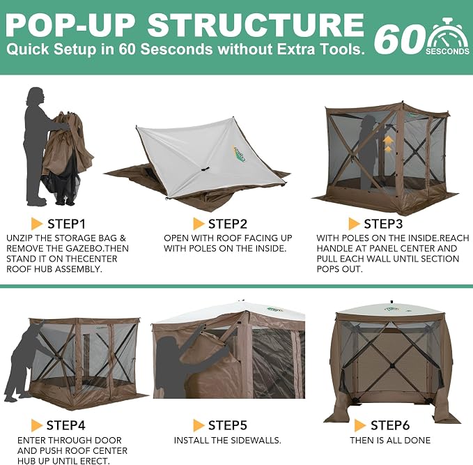 COBIZI 6x6 FT Pop up Gazebo, Popup Canopy Tent, Screened in Gazebos with sidewalls, Waterproof Portable Outdoor Small Screen Tents Sun Shelter,carpas para Patio for Camping, Garden and Backyard,Brown