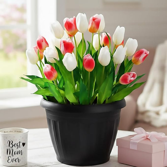 28PCS Artificial Tulips in Pot, Rose Red & White Faux Flowers Spring Summer Home Decor for Tabletop Living Room Office Valentine's Mother's Day