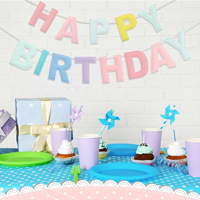 Mindsoft Felt Happy Birthday Garland Rainbow Banner Reusable Happy Birthday Sign Party Supply for Party Decor (Pastel,Normal)