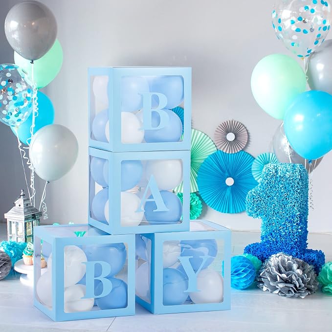 Baby Boxes with Letters for Baby Shower Decorations - 4 Transparent Balloon Boxes for Gender Reveal (Blue)