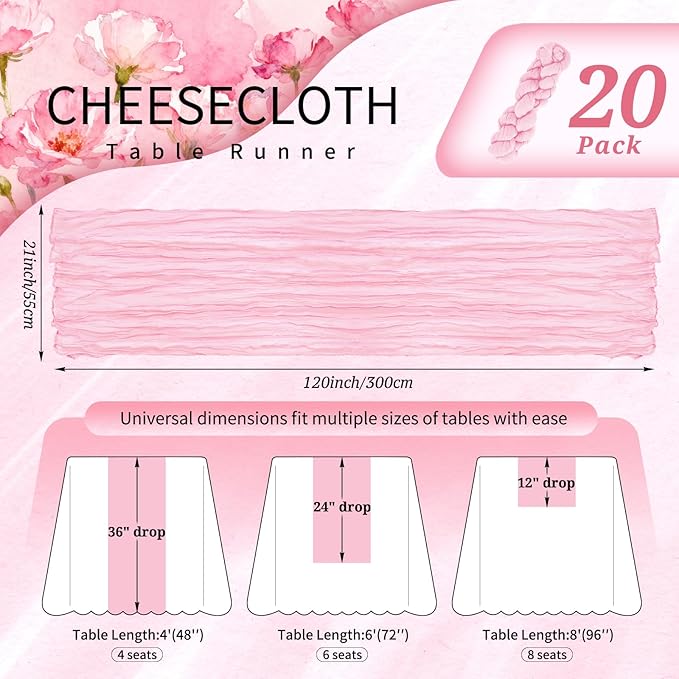 20 Pack Light Pink Cheesecloth Table Runner 10FT Boho Gauze Cheese Cloth Table Runners Romantic Rustic Sheer Table Decorations for Wedding Party Baby Shower Birthday Holiday Home