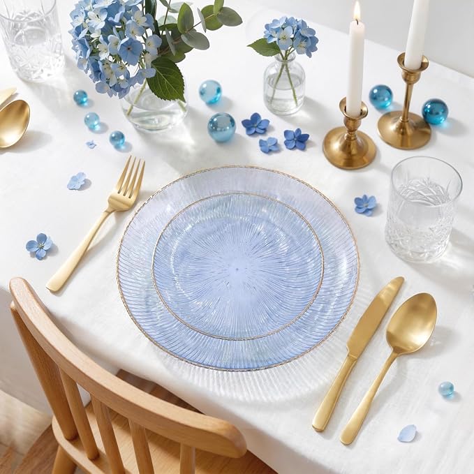 DaYammi 60Pcs Blue Plastic Plates with Gold Rimmed - Disposable Blue Plates Set Includes 30 Dinner Plate & 30 Salad Plates, Radial Texture plates Perfect for Party Wedding Dinner & Catering Events