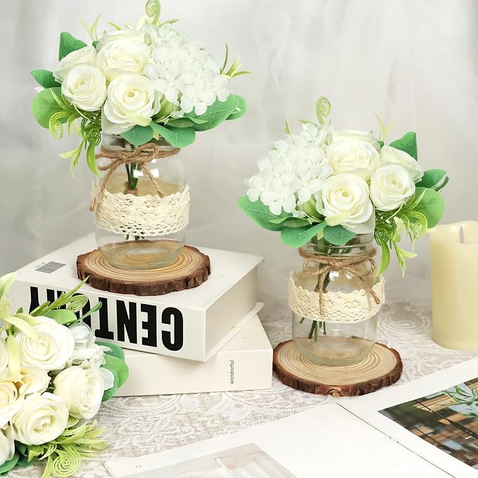 Set 10 Mason Jar Table Centerpiece - Wedding Centerpieces for Tables, Mason Jar Flower Centerpiece Vases Decor- Boho Farmhouse Rustic for Engagement, Bridal Shower, Wedding, Versatile Decor (White)