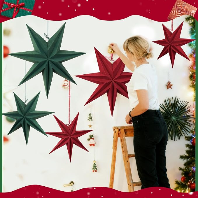 SUNBEAUTY Christmas 5Pcs Flocking Stars 7 Pointed 18 Inch 12 Inch Green Red Hanging Stars Lanterns Christma Hanging Lamp Decorations Wedding Birthday Christmas Home Party