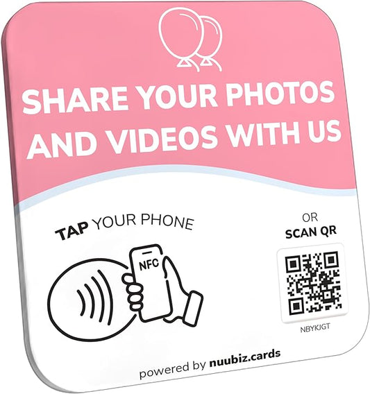 NFC Business QR Code Sign Plate for Sharing Photo and videos – Drive Offline Engagement Online – Works Like Review Tap Card & Social Media Sign – No App or Fees – Includes Stand or Adhesive