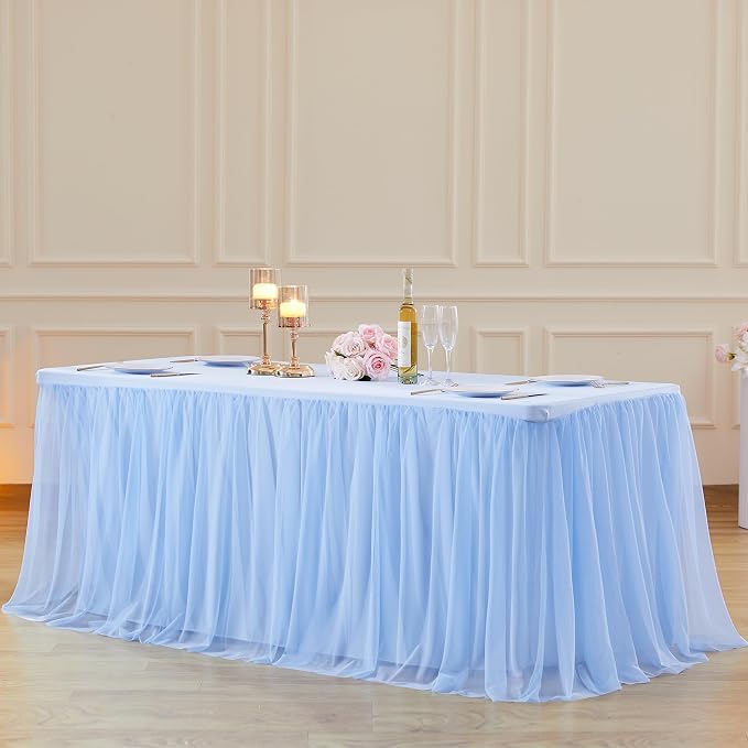 Baby Blue Tablecloth for 8 Foot Rectangle Table, Baby Shower Party Light Blue Tablecloth Tulle Table Skirt Elastic Stretch Ruffle Fitted Tables Cover 8 Foot for Wedding Banquet
