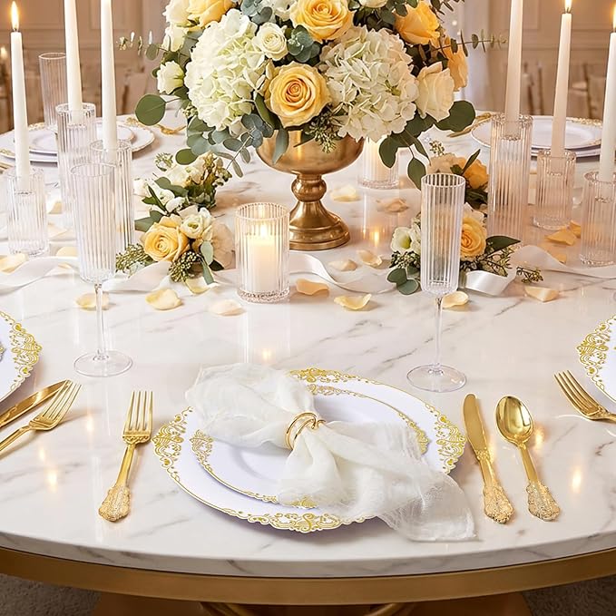 200PCS White and Gold Plastic Plates - Gold Disposable Plates - Gorgeous Wedding Plate 10inch Dinner & 7.25inch Dessert Plate for 100 Guests for Wedding & Party