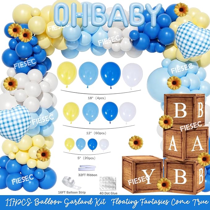 Baby Q Baby Shower Decorations for Boys, 128 PCs - BBQ Baby Shower Party Supplies with Blue Babyq Backdrop, Balloon Garland, Gingham Tablecloth, Cake Topper