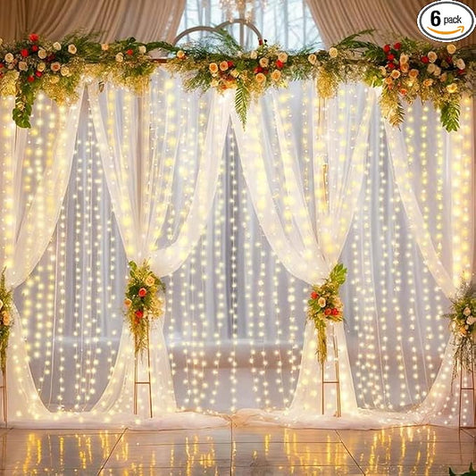 4 Panels White Sheer Tulle Backdrop Curtains with Lights String for Party Wedding Wrinkle Free Curtain Backdrops Drapes for Baby Shower Birthday Photo Back Drop Background Home Decorations 20ft x 10ft
