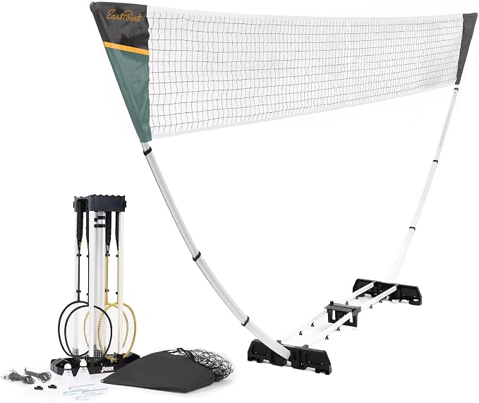 EastPoint Easy Setup Badminton Set - 15 ft Net, 4 Rackets, 2 Shuttlecocks - Quick Setup Net for Backyard Games - Steel Shaft Badminton Rackets for Family Games - Durable Shuttlecocks for Outdoors