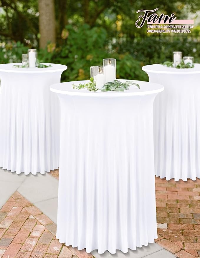 fani 10 Packs 24"x 43" Round Cocktail Table Skirt, Spandex Fitted High Top Table Skirt, Spandex Stretch Cocktail Tablecloth for Wedding Party Bar Banquet Birthday Tables(White)