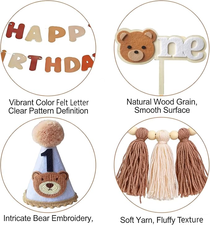 1st Birthday Decorations For Boy Girl - Bear Birthday Party Decorations With Felt Happy Birthday Banner, Birthday High Chair Banner, Cake Topper & Party Hat, First Birthday Decor Kit For Baby Shower