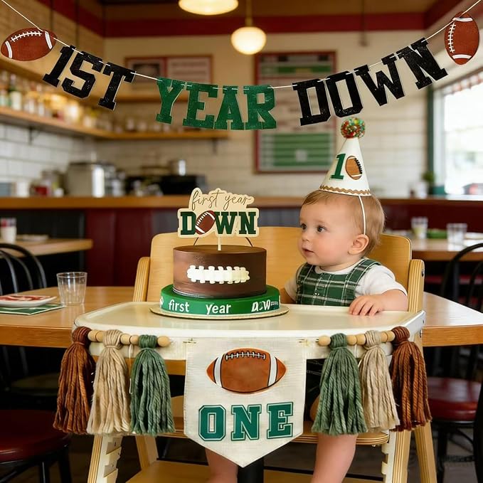 First Year Down Birthday Party Decorations-Felt First Year Down Highchair Banner, Football Themed 1st Birthday High Chair Banner, Cake Topper, Party Hat for Football 1st Birthday Party Supplies