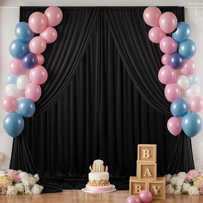 30 ft x 10 ft Wrinkle Free Black Backdrop Curtain for Parties, 6 Panels Silky Polyester Black Wedding Drapes for Backdrop 10 ft Photo Back Drop Cloth for Birthday Graduation Photography Background