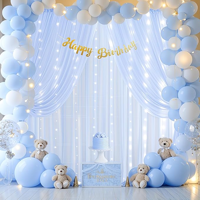 20ft x 10ft Baby Blue Chiffon Backdrop Curtain with Lights String for Parties,4 Panels Sheer Tulle Curtain Wedding Backdrop for Baby Shower Birthday Party Ceremony Reception Home Decorations