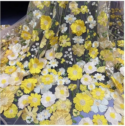 3D Flowers Embroidery Lace Fabric, 59 Inch Wide Soft Tulle Mesh Embroidered Lace Trim DIY Custom Clothes Wedding Dresses Curtain Table Cloth Sewing Fabric (1 Yard,Yellow)