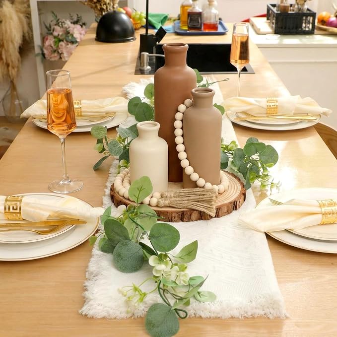Geelin 6 Pcs Rustic Table Centerpieces, Set of 3 Boho Ceramic Vases, Wooden Serving Tray, Modern Farmhouse Wood Beads Garland Tassel, Artificial Greenery for Home Coffee Tabletop Decor(Neutral)