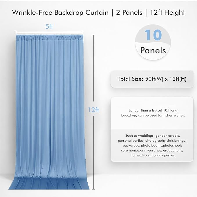 50ftx12ft Wrinkle Free Dusty Blue Backdrop Curtain, 10 Panels 12FT Height Wedding Backdrop Drapes, Silky Polyester Back Drop Cloth for Birthday Photography Background Party Backdrop Draping