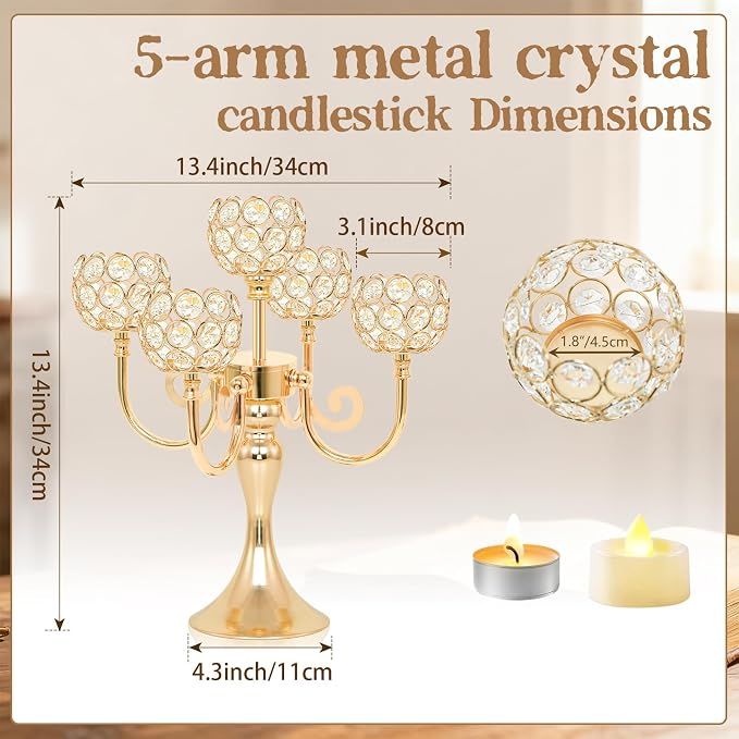 5 Arm Metal Crystal Candelabra Centerpiece - 13.4 Inch Elegant Candle Holder with Crystal Beads for Wedding Party Christmas Home Dining Table Decoration (4, Gold)