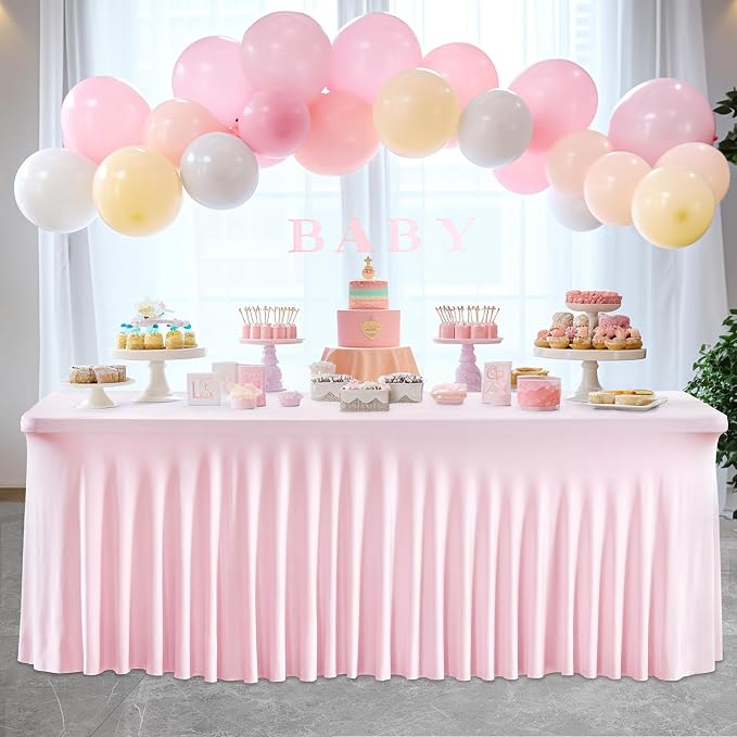 6 Packs Pink Table Clothes for 8 Foot Rectangle Tables, One-Piece Wrinkle Resistant Stretch Spandex Table Covers with Skirt for Event Banquet Wedding Birthday Party