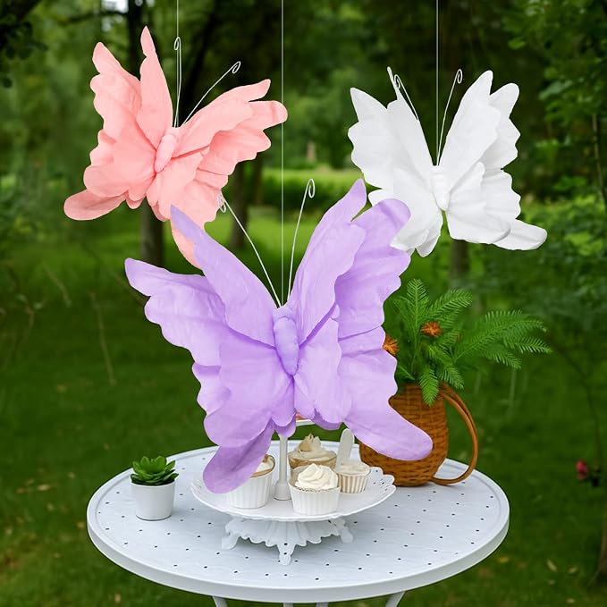 3 Pcs 3D Large Hanging Butterfly Decorations Large Butterfly Birthday Party Decorations 3D Crepe Paper Decoration for Wedding Party Birthday Baby Shower Garden(Purple, Pink, White,7inch,11inch)