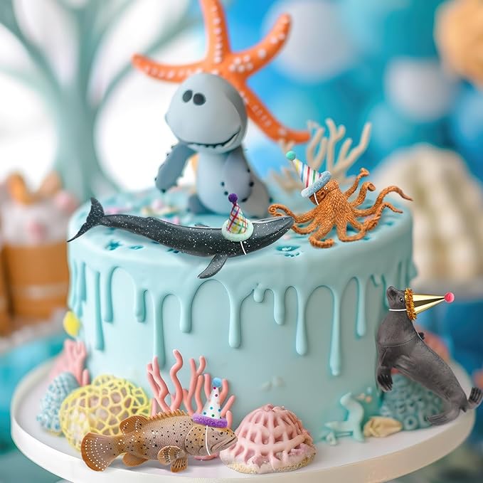 Colingmill 18 Pcs Sea Animal Birthday Party Decorations Mini Birthday Hat Animal Figure Model Cake Toppers with Mini Hat for Animals Themed Party