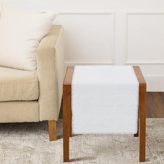 Solino Home Linen White Table Runner 36 Inches - Fringe, 100% Pure Linen Short Table Runner 14 x 36 Inch Ideal for Dresser and Coffee Tables - Mothers Day, Spring, Summer, Memorial Day