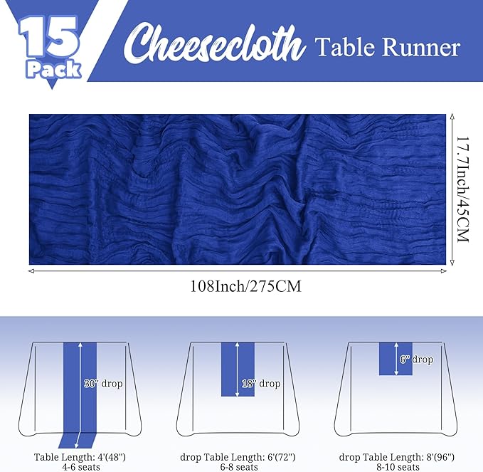 15 Pack Royal Blue Table Runners 17 x 108inch Cheesecloth Table Runner Boho Gauze Table Runner Rustic Sheer Fabric Cheese Cloth Table Runners for Wedding Party Bridal Shower Farmhouse Home Decor