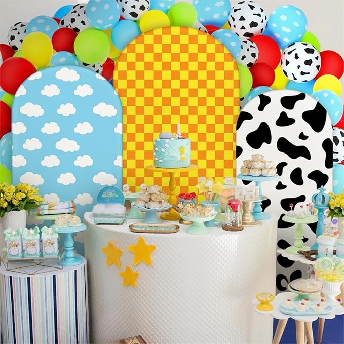 Foilswirl 34 Pieces Toy Themed Birthday Party Decorations Arch Backdrop Covers 4ft 5ft 6ft Spandex Arch Backdrop Cover Cow Blue Sky Cloud Print Balloons Inspired Birthday Cartoon Themed Party Decor