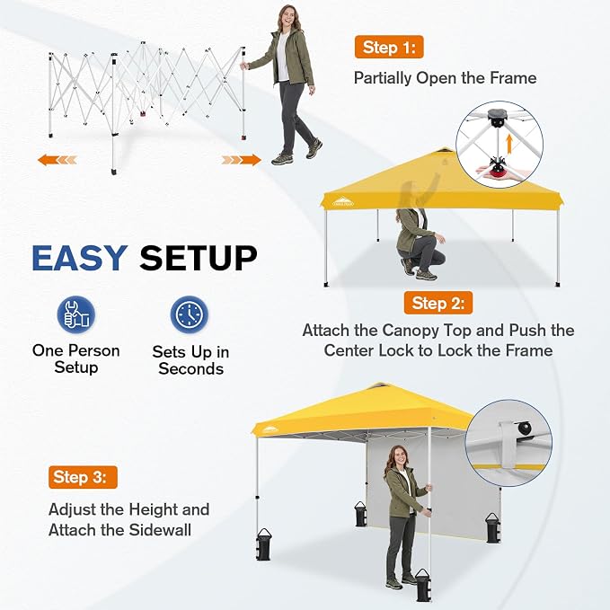 EAGLE PEAK Commercial Canopy 10x10 Pop Up Canopy Tent with 1 Sidewall, Easy Setup Heavy Duty Instant Event Shelter for Vendors & Markets, Outdoor Sun Shade, Yellow