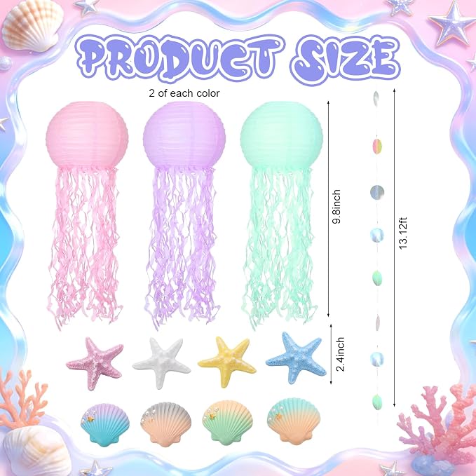 VioraWhite 18 Pcs Mermaid Birthday Party Decorations 6 Pcs 9.8'' Hanging Jellyfish Paper Lanterns 8 Starfish Decor 2 Holographic Iridescent Dot Garlands for Mermaid Under The Sea Ocean Birthday Decor