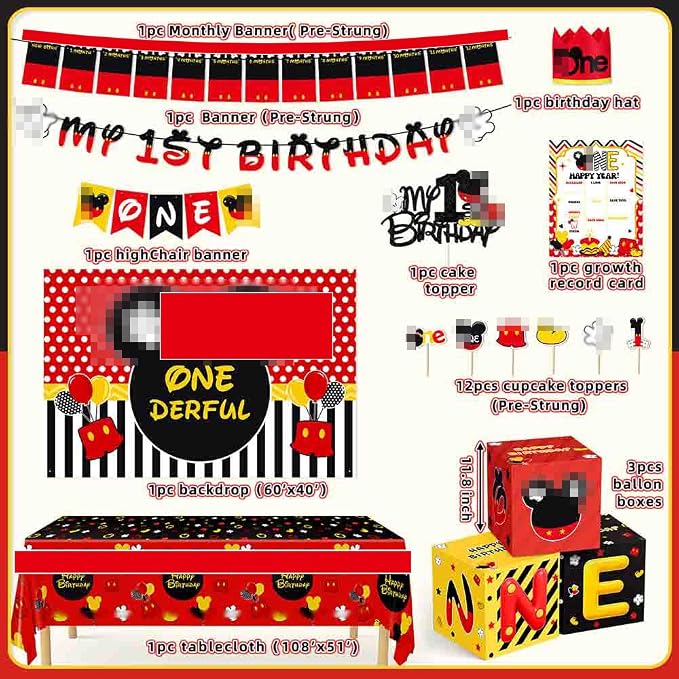 Mouse 1st Birthday Party Decorations 143Pcs First Birthday Decorations Backdrop Balloons Arch Box High Chair Banner Bday Party Idea for Baby Boys Girls ﻿