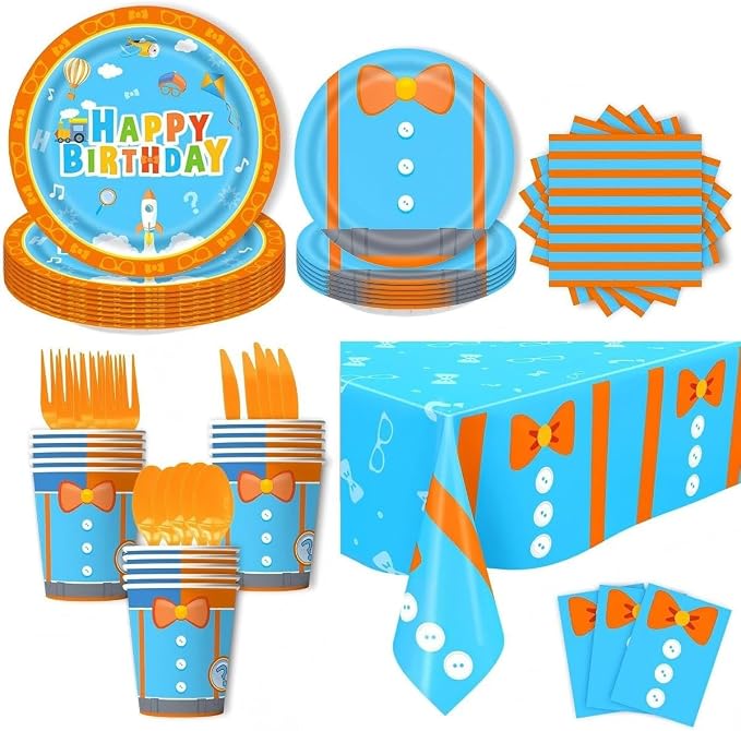 171PCS Kids Birthday Party Decorations Tableware Set - Blue & Orange Party Supplies for Boys & Girls - Includes Plates, Cups, Napkins, Cutlery, Tablecloth, Foil Fringe Curtains - Serves 24 Guests