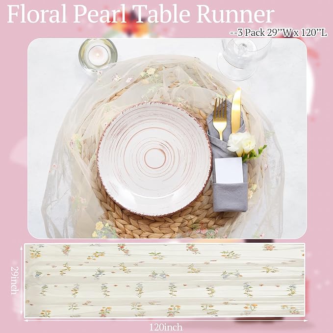 Lounsweer 3 Pcs Apricot Wildflower Table Runner 10ft Embroidery Tulle Spring Floral Table Runner Seasonal Summer Butterfly Kitchen Dining Gauze Decoration for Wedding Baby Shower Birthday Party