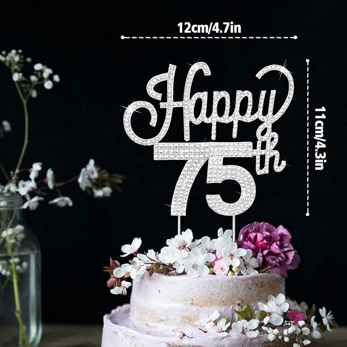LINGTEER Happy 75th Birthday Silver Rhinestone Cake Topper - Cheers to 75th Birthday 75 Years Old Anniversary Party Cake Centerpieces Topper Decorations Gift Sign.