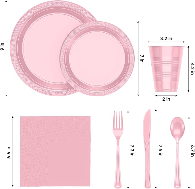 350 Pcs Pink Plastic Plates For Party, Pink Disposable Plates Set, 50 Of Each 9" Dinner Plate Set, 7" Dessert Plate, Cups, Napkins & Cutlery Plastic Dinnerware Set Exquisite