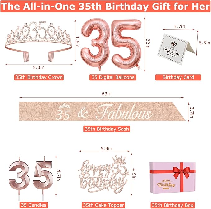 35th Birthday Decorations for Women, Including 35th Birthday Sash and Tiara, Cake Topper and Candles, Number Balloons, 35 Year Old Gifts for Women