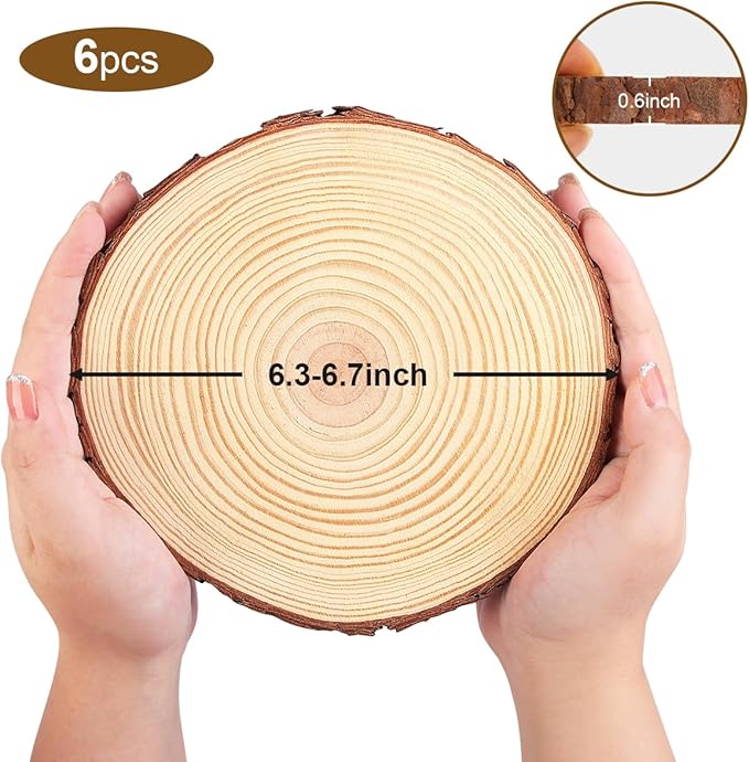 Philorn Wooden Circles for Centerpieces 6Pcs 6.3-7 inch Wood Slices Tree Stump Decor with Bark, Wooden Rounds Unfinished Wood Base Wood Slabs for Centerpieces Wedding Decor, DIY Painting Crafts