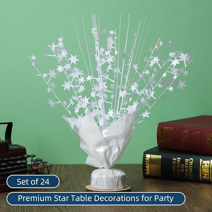 24 Pack White Metallic Foil Spray Centerpiece Star Table Decoration Burst Table Centerpieces for Birthday New Year Wedding Anniversary Graduation Party Supply (White)