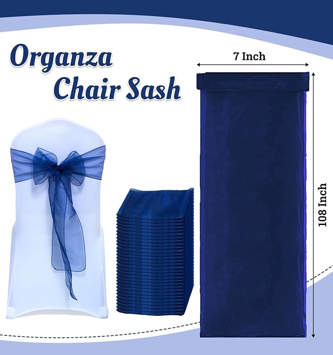 MDS® Pack of 75 Organza Chair Sashes for Wedding Decoration, Reusable Sheer Chair Bows for Banquet Chair Cover, Reception, Bridal Shower, Baby Shower, Birthday Party & Special Events - Navy Blue